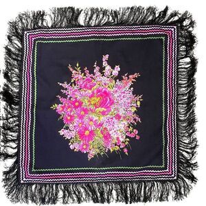 Vintage Peasant Scarf Black Cotton with Pink Floral 32 x 32 inch